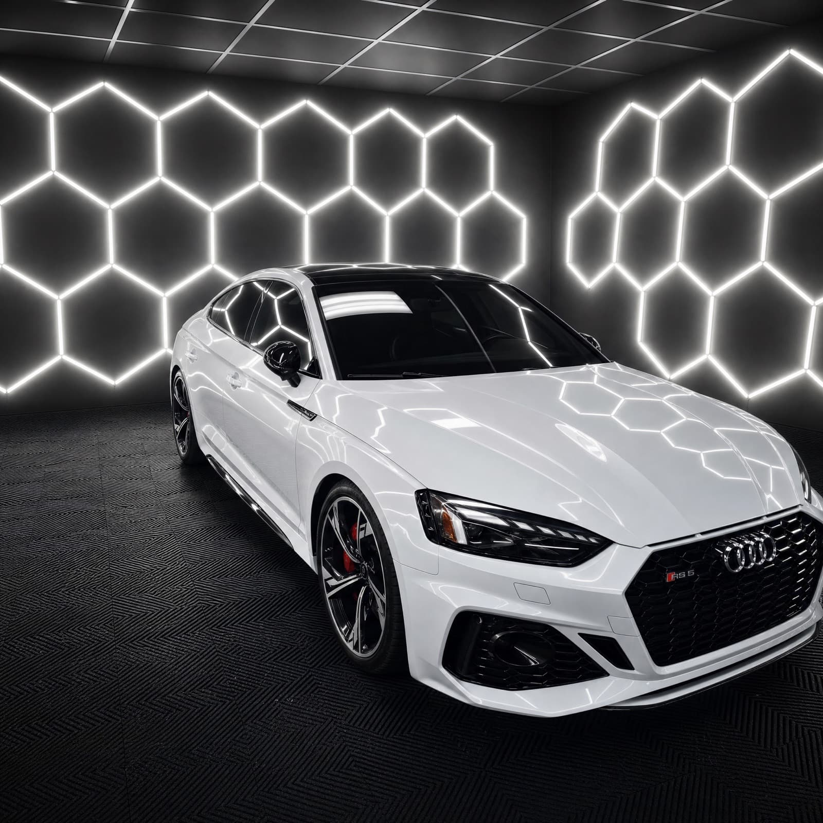 White Audi RS5 Sportback in front of the illuminated hexagon wall